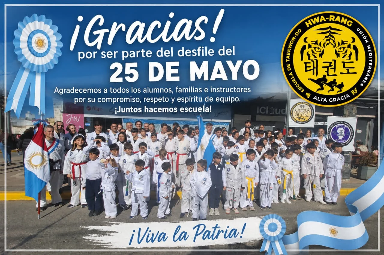 Más de 80 alumnos de HWA-RANG Alta Gracia participaron del desfile del 25 de Mayo